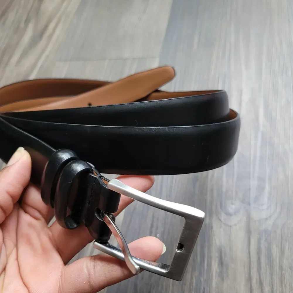 Men's Genuine Leather Belt Size 56 Black Silver Tone Hardware Long Business - Picture 5 of 6